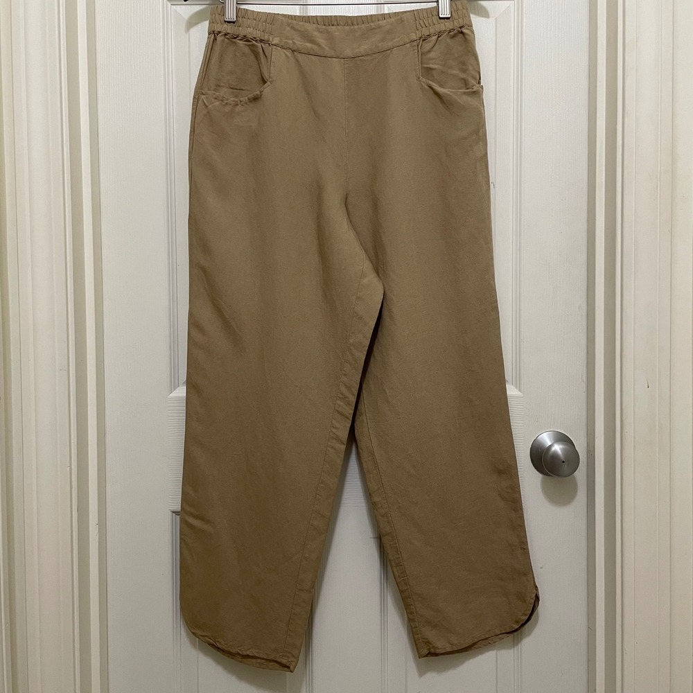 Soft Surroundings Linen Blend Pants Tan Pull On Pockets Small Coastal Minimalist
